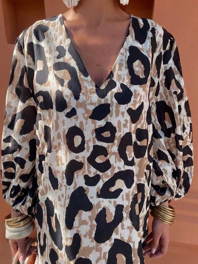 Basic Casual Dresses Elegan V-neck Leopard Print Maxi Dress For Women Vintage Lantern Slves Loose Vestido 2024 Spring Casual Female High Strtwear Y240