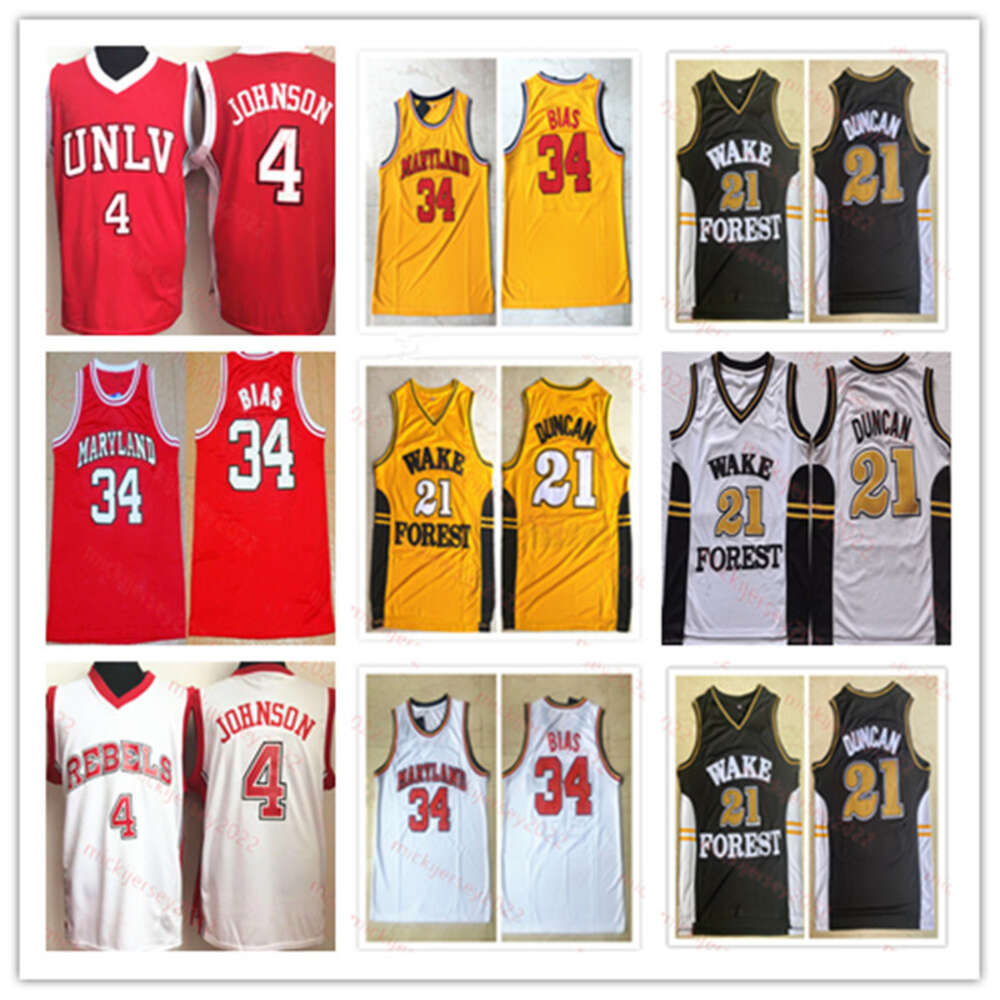 Stitched Len Bias Maryland Terrapins Jersey #4 Larry Johnson UNLV Runnin' Rebels Basketball Jersey Mens #21 Duncan Tim Wake Forest Demon Deacons Jersey S-3XL