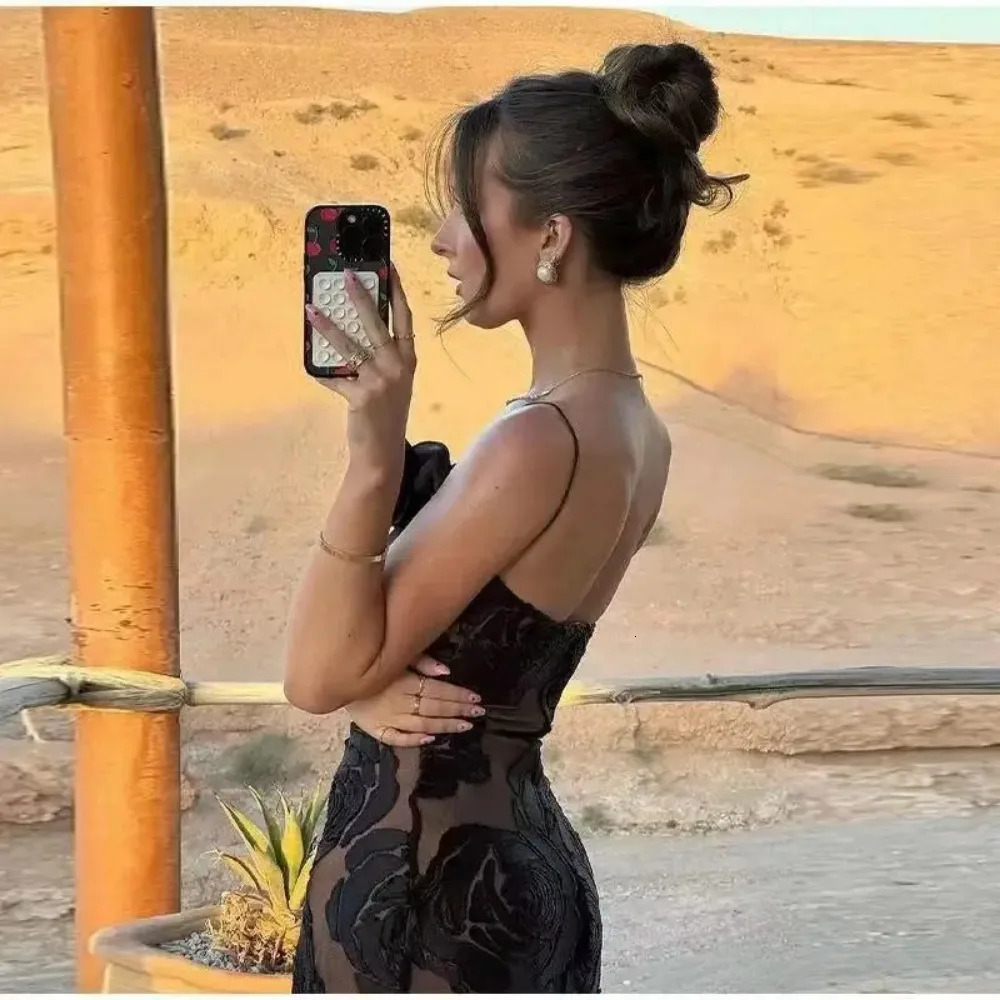 Black Velvet Flower Maxi Dress Women Sexy Semi Sheer Mesh Lined Backless Slim Formal Birthday Evening Party Dresses Summer 240517