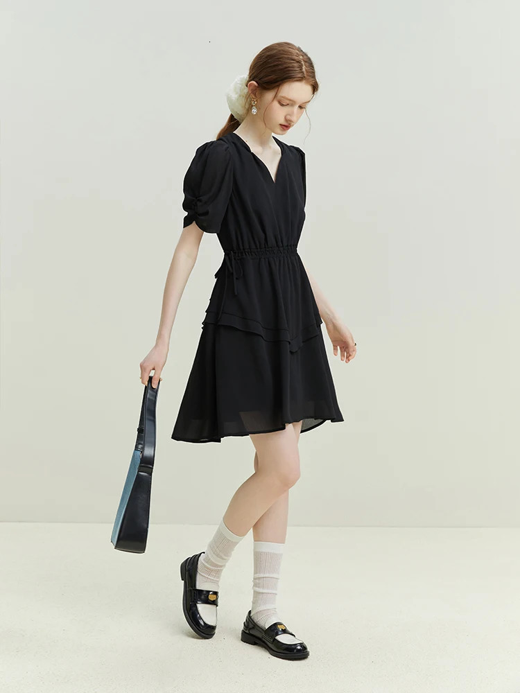 FSLE Women Black VNeck Short Dress Drawstring Waist Textured Fabric Office Lady Mini Dresses Puff Sleeve Chiffon 240513