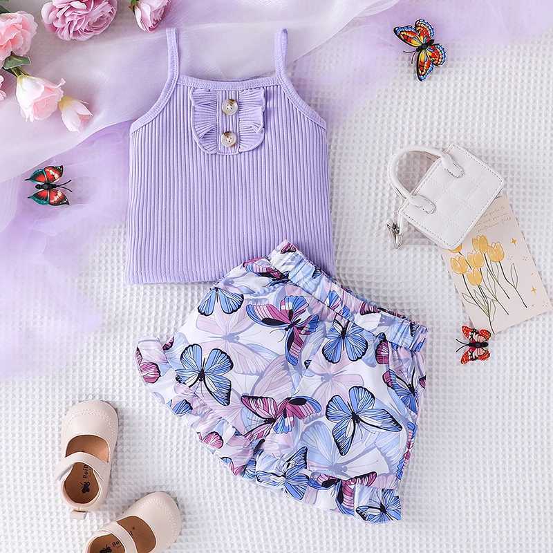 Clothing Sets 1-6-year-old sleeveless purple vest butterfly printed shorts childrens baby fashion clothing set WX