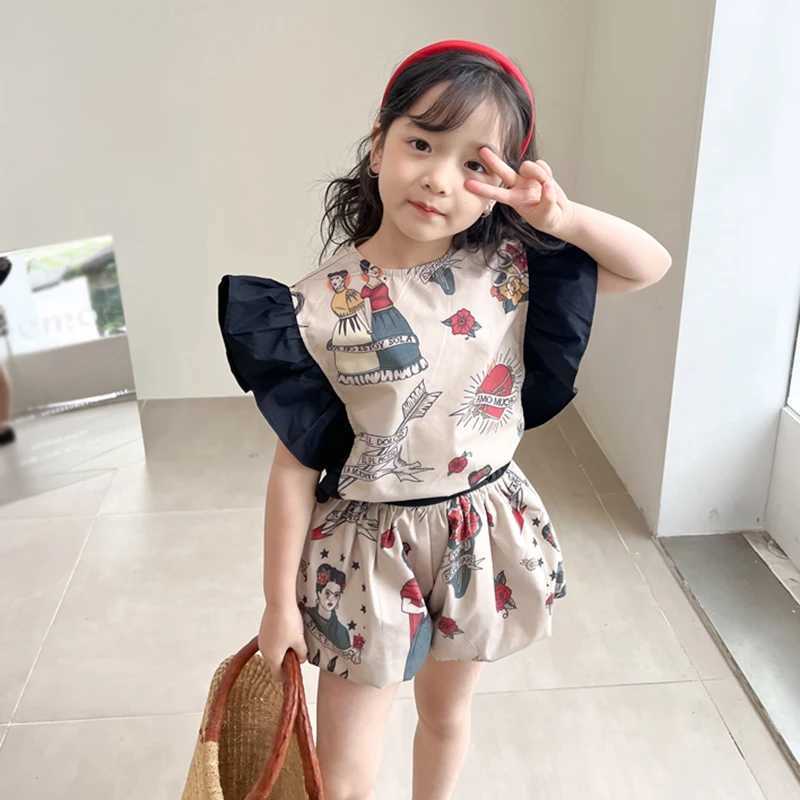 Clothing Sets Ruffled design girl sleeveless shirt and shorts set vacation style beach set round neck childrens girl fashion two-piece set WX