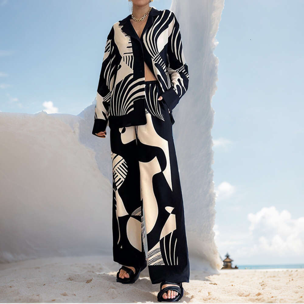 2024 Women's Summer New Style Elegant and Trendy Printed Long sleeved Pants Casual Fashion Set F51750
