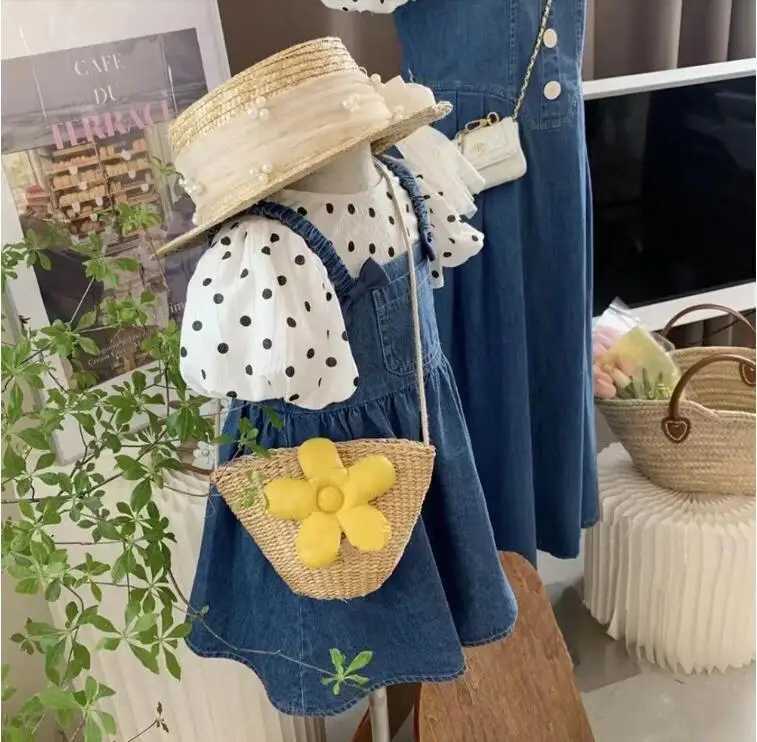 Clothing Sets Girls Summer Set 2023 New Polka Dot Puff Sleeves Short sleeved Top+Cowboy Bowband Dress 2-piece Clothing Set WX
