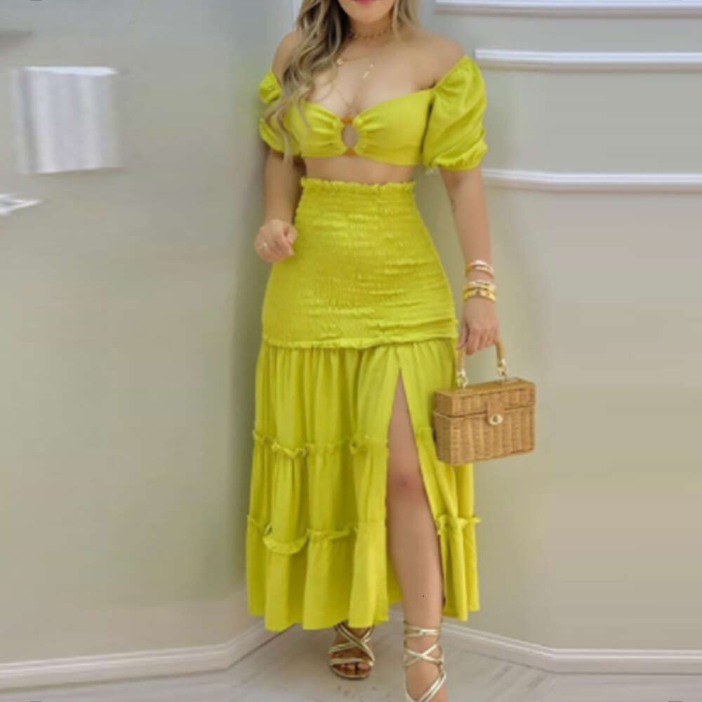 2024 Summer New Women's One Shoulder Printed Split Skirt Two Piece Set F51740