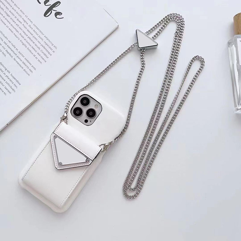 Luxury Leather Chains Crossbody Designer Phone Case for Apple iPhone 17 16 Pro Max 15 14 Plus Shoulder Strap Necklace Lanyard Card Holder Back Cover Coque Funda White