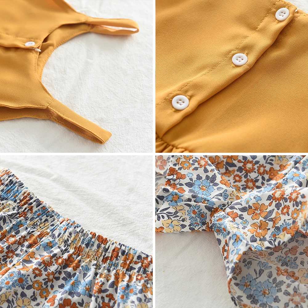 Clothing Sets Bear collar girl clothing set summer solid hanging T-shirt top+floral shorts set 2 pieces childrens clothing set 2 pieces WX