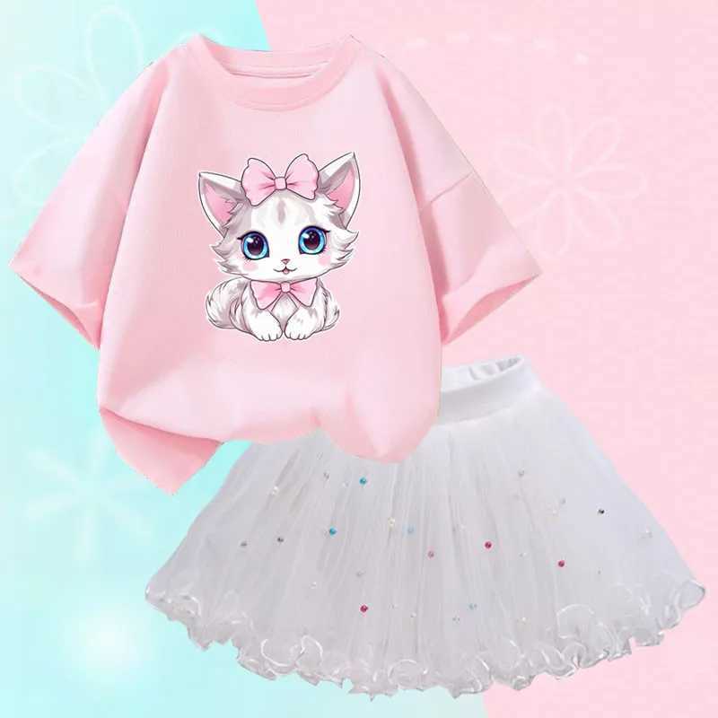 Clothing Sets Summer Little Girl Clothing Cute Cat T-shirt and Mesh Tutu Ski Two Piece Fashion Korean Childrens Clothing Set 3-14 Years WX