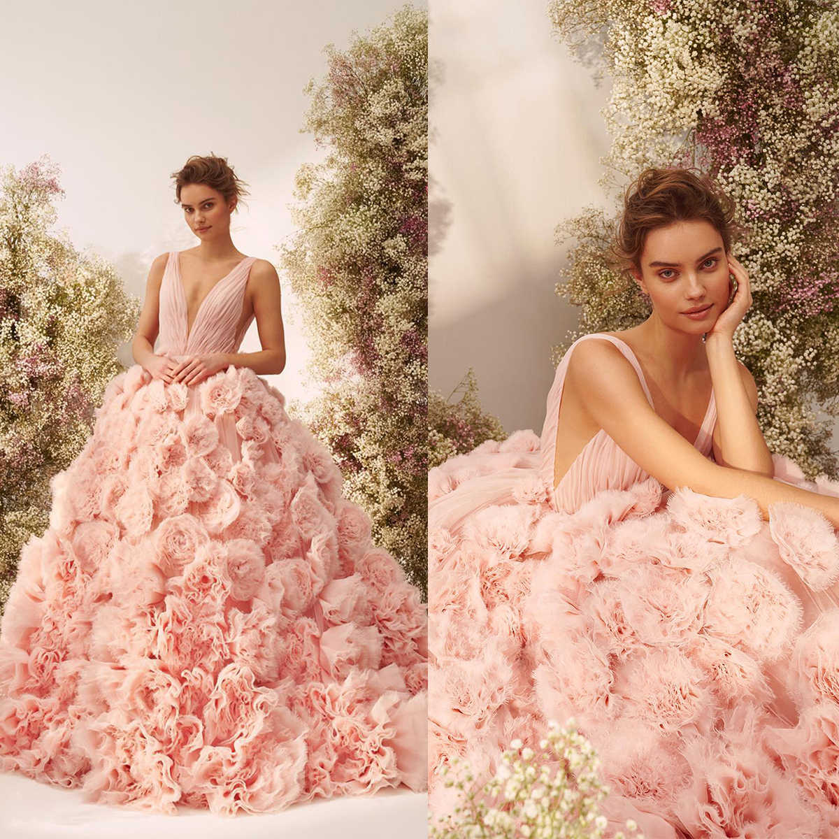 Glamorous Ball Gown Wedding Dresses V-neck 3D Appliques Tulle Tiered Pleat Backless Court Gown Custom Made Bridal Plus Size Vestidos De Novia