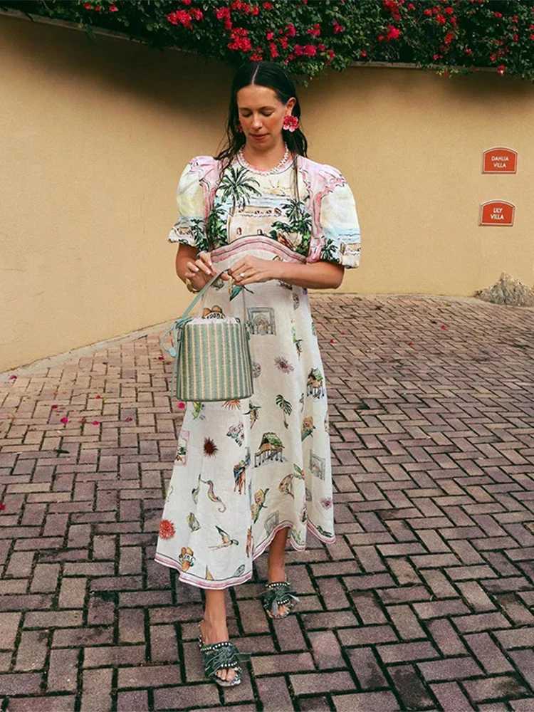 Basic Casual Dresses Fashion Round Collar Printed Long Dress For Women Elegant Casual Short Puff Sleeved Dresses 2024 Summer New Female Vacation Robe 