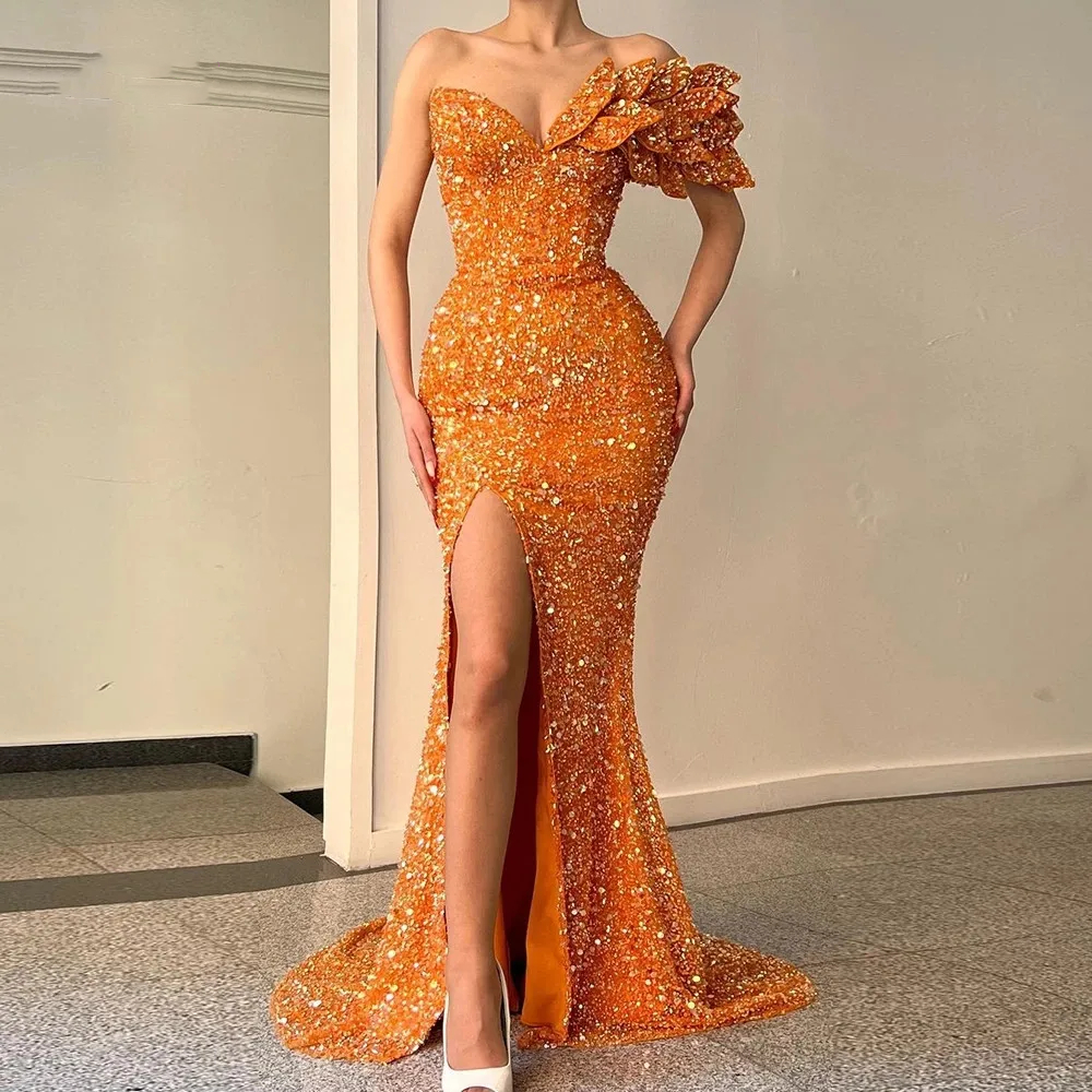 Glitter Sequined Mermaid Prom Dresses One Shoulder Orange Long Evening Gowns Sexy Front Split Birthday Party Dress Special Occasion Wear For Women 202