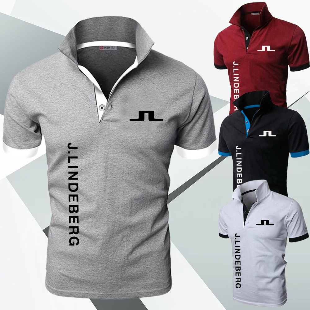 Mens Golf Polo Neck Knit Sports Polos Shirt J Lindeberg Breathable Short Sleeve T-shirt Outdoor Jersey Mens Business Wear 240518