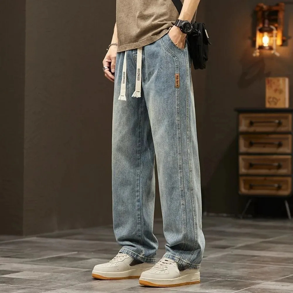 Elastic loose straight jeans mens wide legged denim pants casual trousers Korean style Sportswear clothing jeans pants 240518