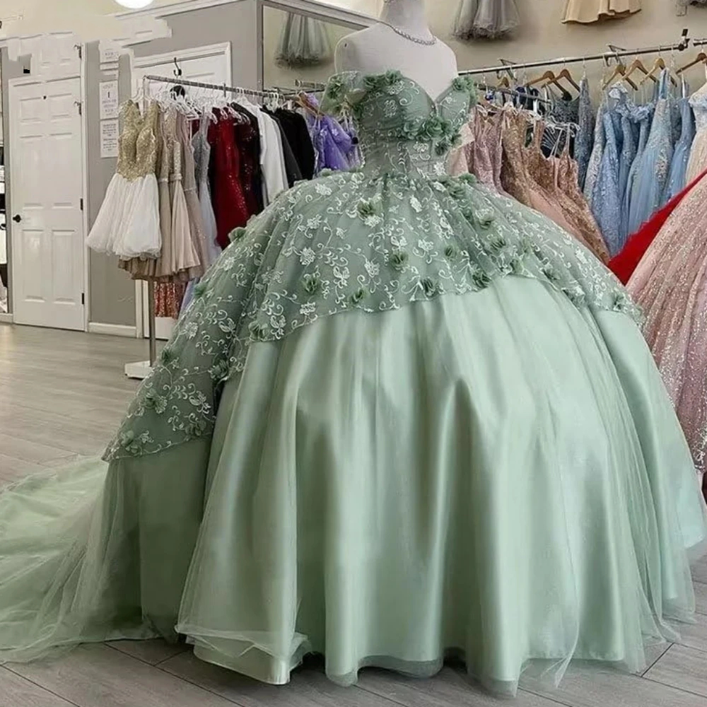 Off Shoulder Princess Quinceanera Dresses 3D Floral Ball Gowns for Women Lace And Satin Prom Dress with Train Sweet 16 Dress Vestidos De 15 Anos