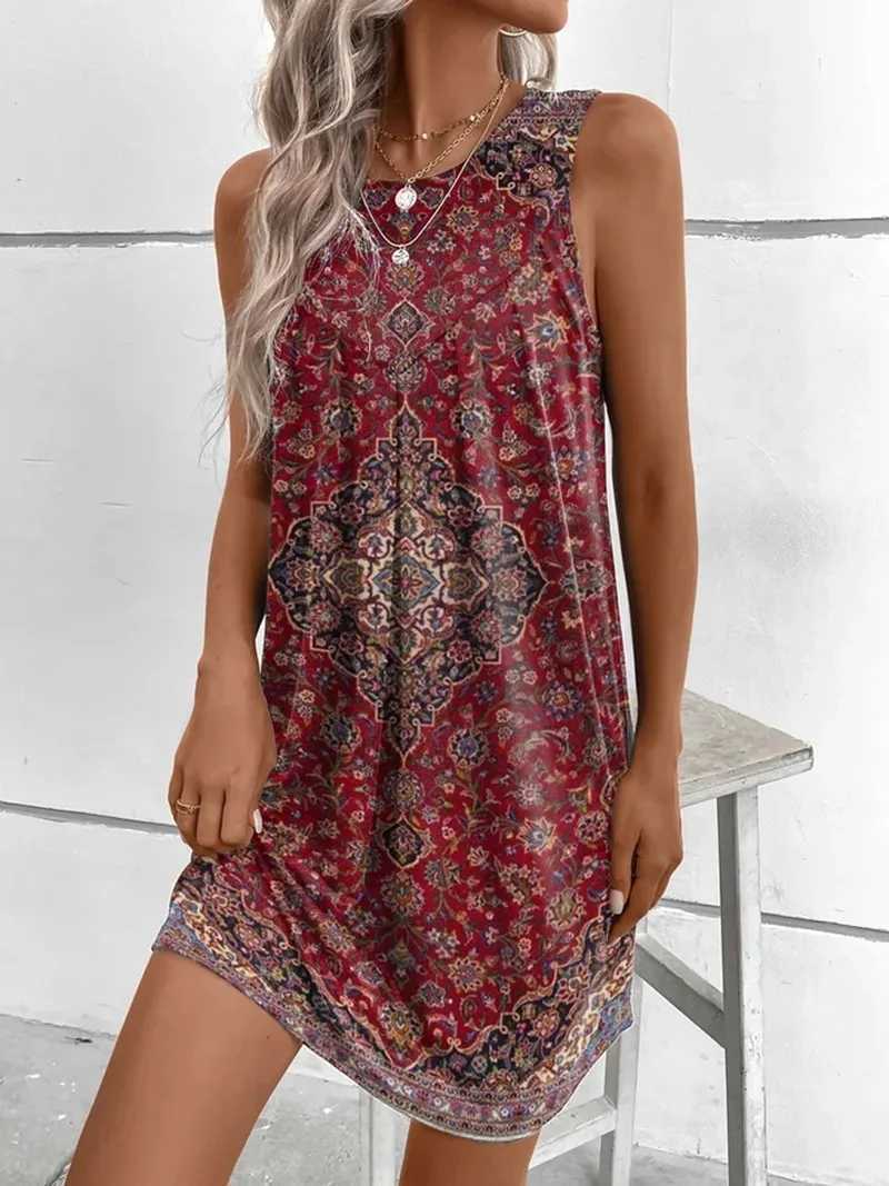 Basic Casual Dresses Summer Ethnic Style Fashion Printed Slveless Vestido Ladies Sexy Beach Holiday Dress Womens Loose Casual Robe Female Clothes Y240