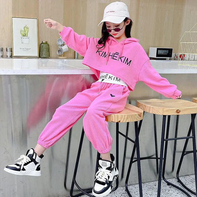 Girls Spring Summer 3PCS Casual Fashion Korean Style HoodieJogging Pants For 6 8 9 10 12 Years Teenage Girls Sports Clothes 240517