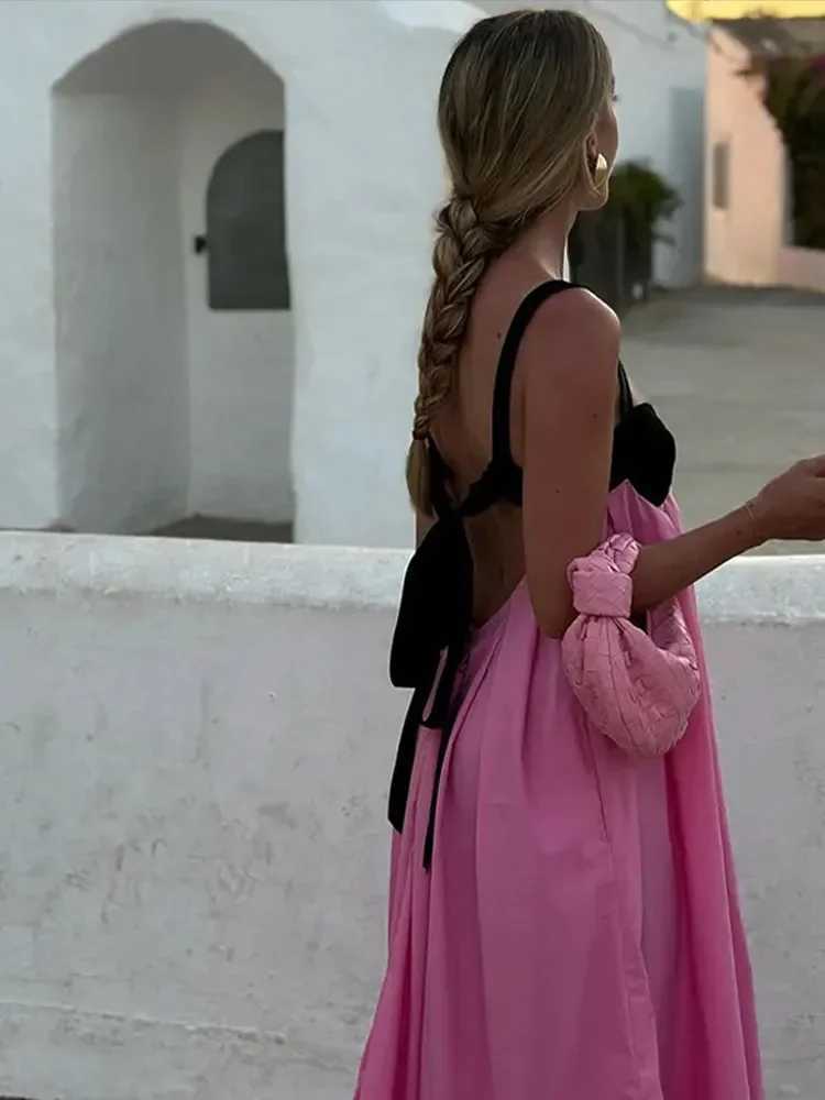 Basic Casual Dresses Sexy Contrast Strap Dress Women Loose Backless Off Shoulder Sleeveless Dresses Female 2024 Summer Party Holiday Lady Robes J24051