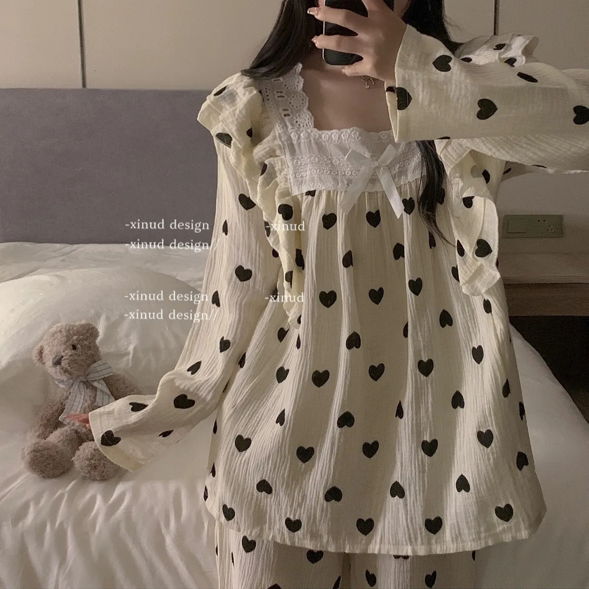 Heart Print Sleepwear Women Pajama Sets Square Collar Pants Sets 2 Pieces Piiama Korean Sleeping Full Sleeve Sping Night Wears 240514