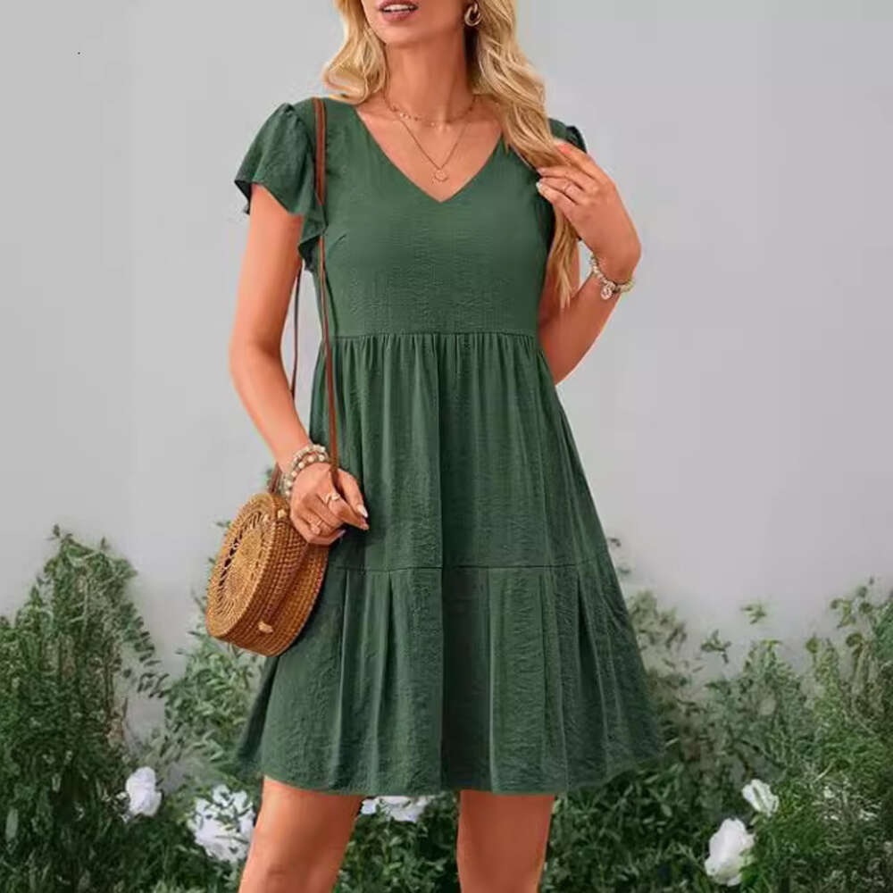 Summer Casual Short Dress Hat Sleeves V-Neck Layered Ruffle Swinging Dress