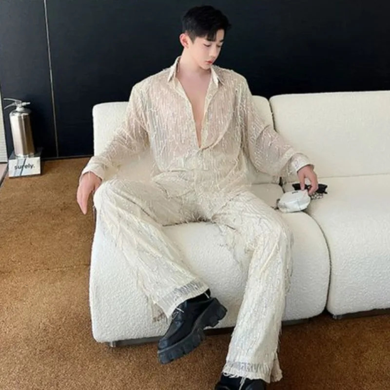 IEFB Personality Menwear Mens Casual Sets Sequins Tassels Twopiece Trendy Long Sleeve Shirt Straight Pants 2023 Autumn 9C256 240513