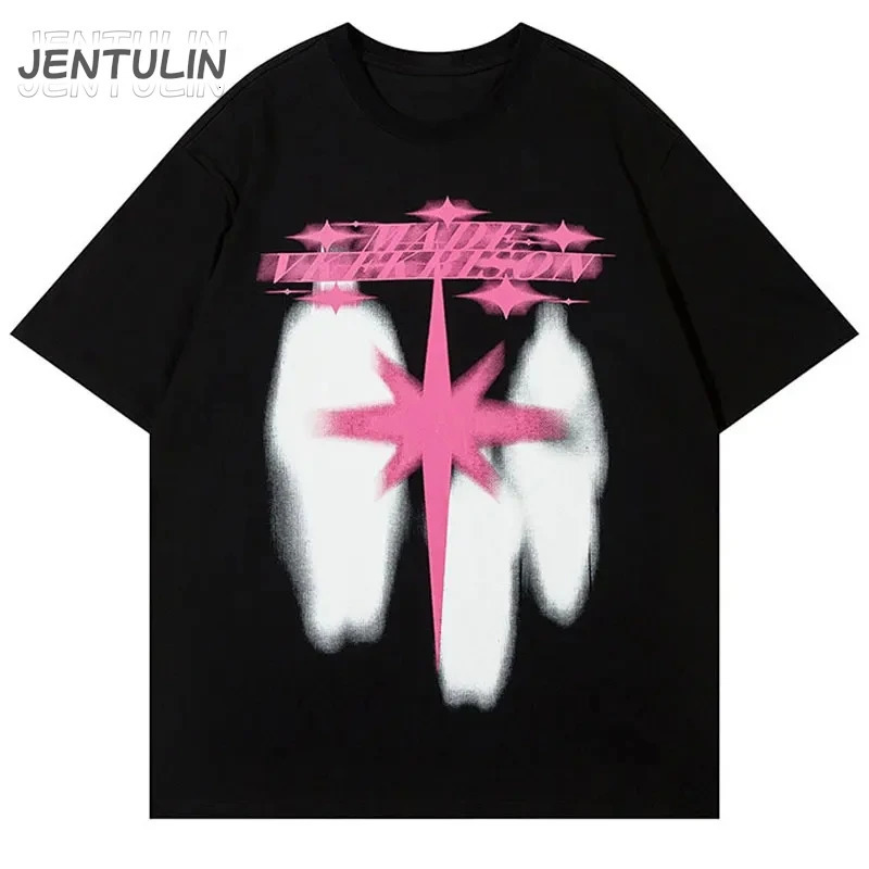 Men T Shirt Streetwear Star Shadow Graphic TShirt Hip Hop Oversized Harajuku Tshirt Cotton Unisex Tops Tee Black White Y2K 240518