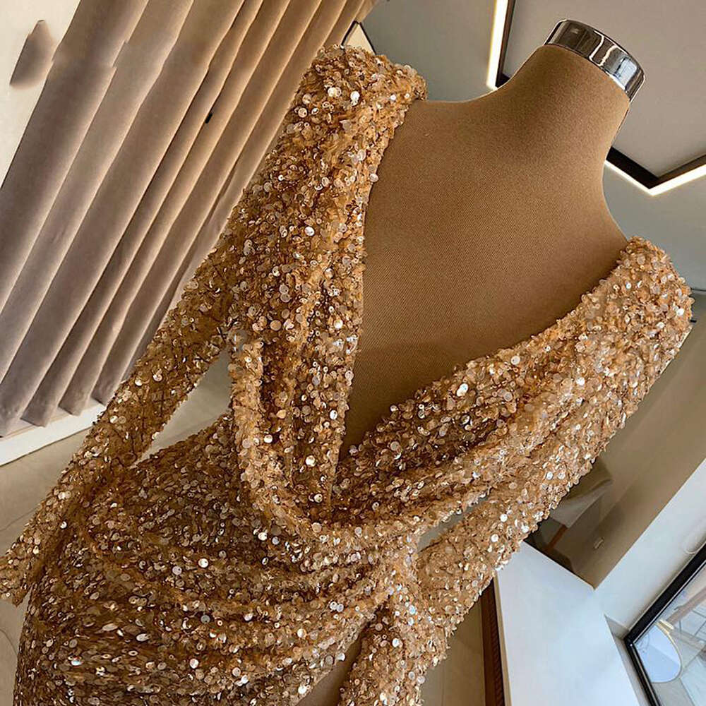 Gold Shiny Sequined Beaded Women Evening Middle East Chic Formal Prom Gown Deep V Neck Party Drs Custom Made