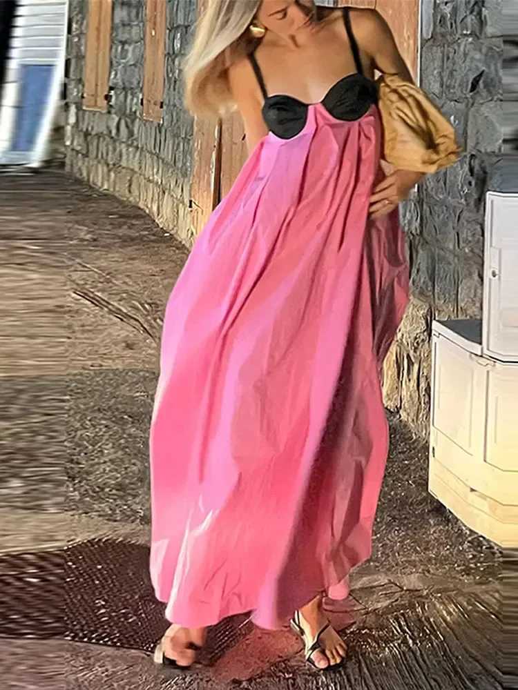 Basic Casual Dresses Sexy Contrast Strap Dress Women Loose Backless Off Shoulder Sleeveless Dresses Female 2024 Summer Party Holiday Lady Robes J24051