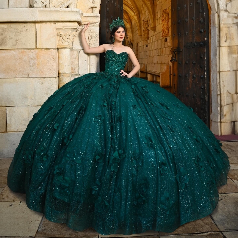 Blackish Green Shiny Quinceanera Dresses Mexican 3D Flowers Off The Shoulder Ball Gowns Lace Up Vestidos 15 De XV Sweet 16