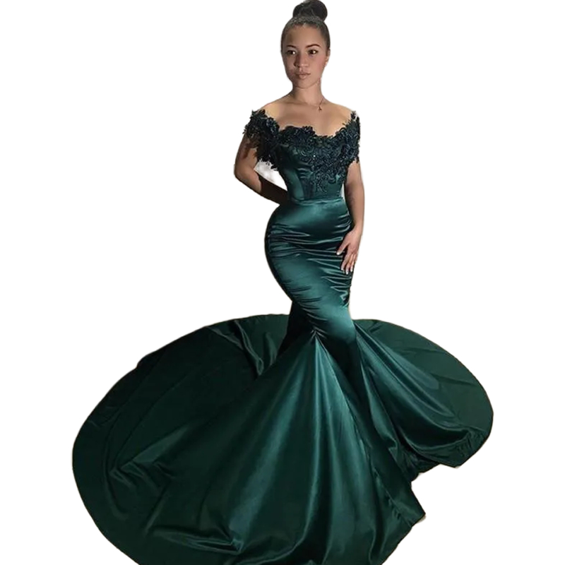 2024 Hunter Green Mermaid Evening Dresses Satin Off The Shoulder Long Formal Occasion Gowns Lace Appliques Slim Fit Corset Prom Dress For Women