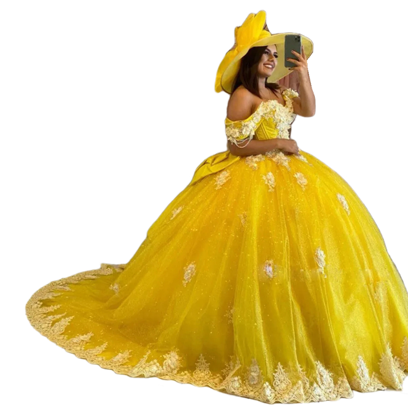 Sparkly Yellow Sequined Quinceanera Dresses 3D Floral Appliques Off The Shoulder Prom Ball Gowns Beaded Corset Gorgeous Sweet 16 Dress Vestido De VX A