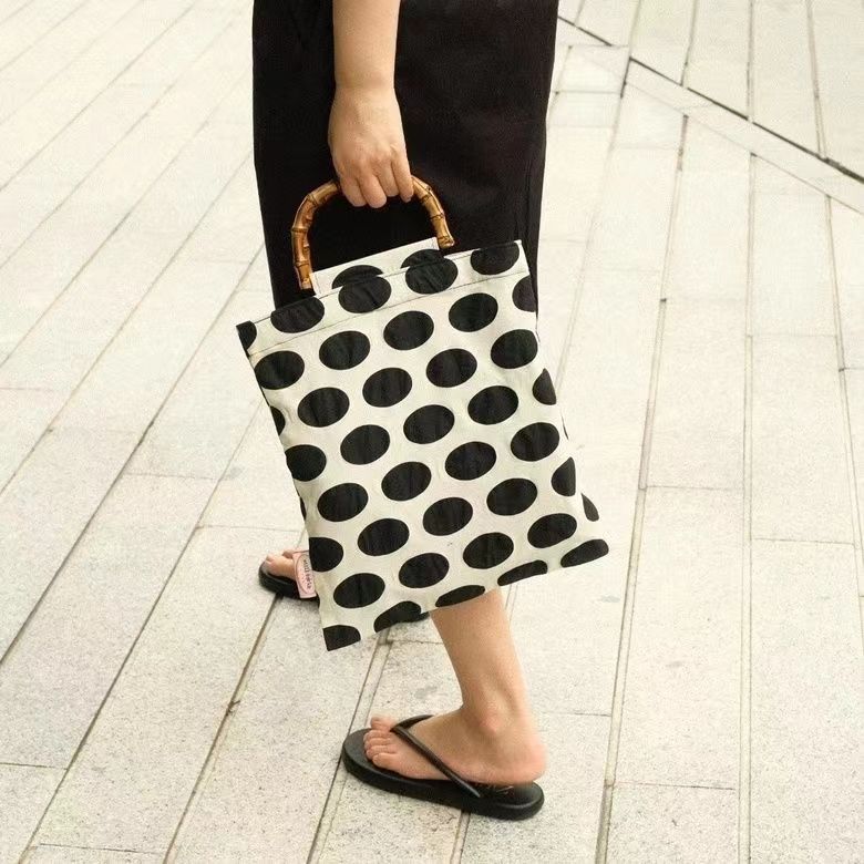 Designer bag retro polka dot black rice color scheme pop style bamboo joint bag handbag double layer canvas bag large capacity shopping bag