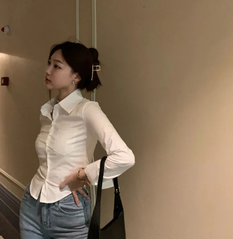 Autumn Slim Wait Single Breaked Blouses Simple Sexy Polo Neckline White Shirt Womens Y2k E-Girl Long sleeved Blusas Mujer 240517