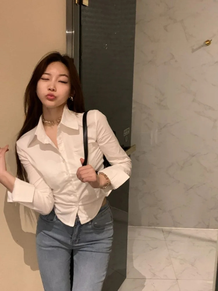 Autumn Slim Wait Single Breaked Blouses Simple Sexy Polo Neckline White Shirt Womens Y2k E-Girl Long sleeved Blusas Mujer 240517