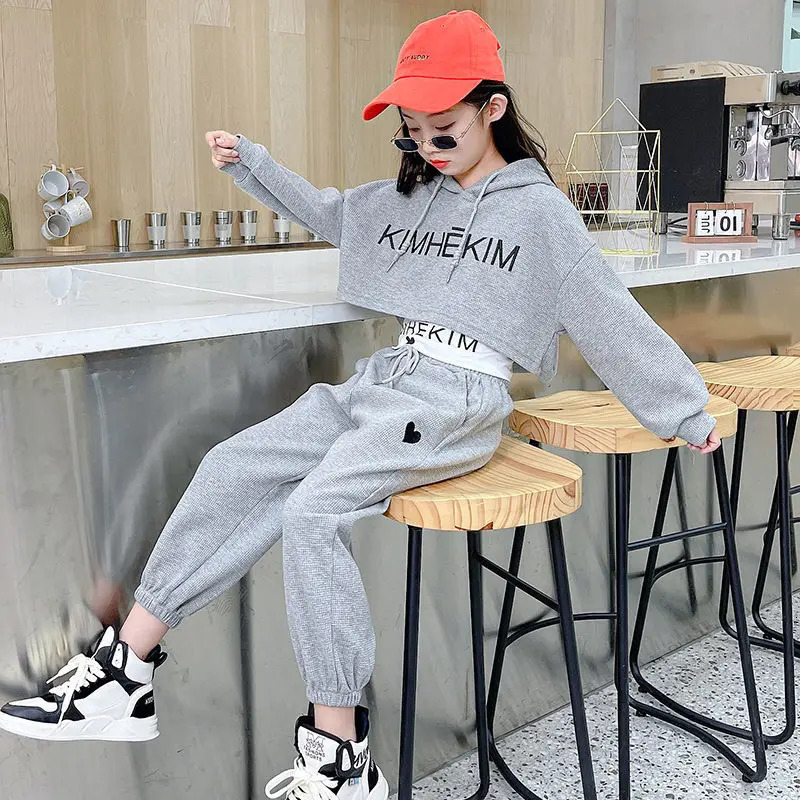 Girls Spring Summer 3PCS Casual Fashion Korean Style HoodieJogging Pants For 6 8 9 10 12 Years Teenage Girls Sports Clothes 240517