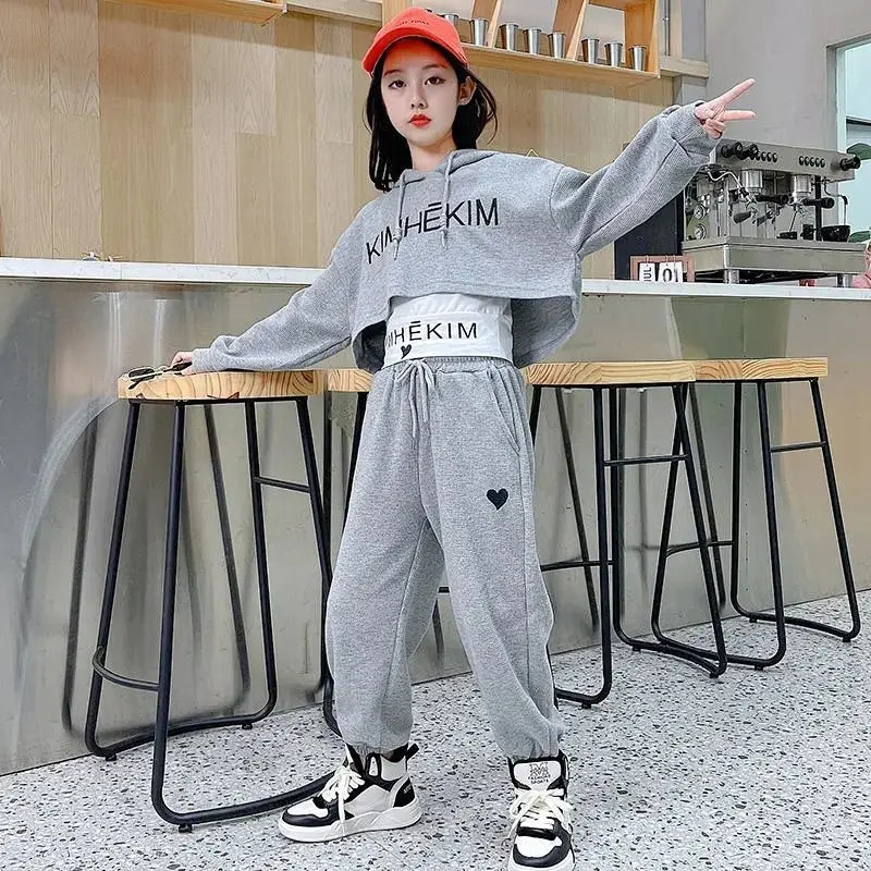 Girls Spring Summer 3PCS Casual Fashion Korean Style HoodieJogging Pants For 6 8 9 10 12 Years Teenage Girls Sports Clothes 240517