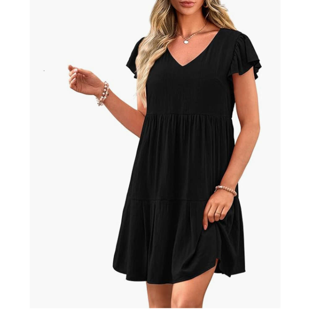Summer Casual Short Dress Hat Sleeves V-Neck Layered Ruffle Swinging Dress