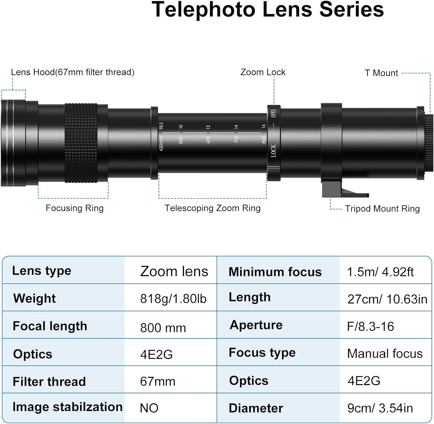 420-800mm F8.3-16 Super Telephoto Lens Manual Zoom Lens +T2 Adaper Ring for Nikon Sony Pentax FUJI Film Olympus Canon 760D 750D 700D 650D 600D 70D 60D