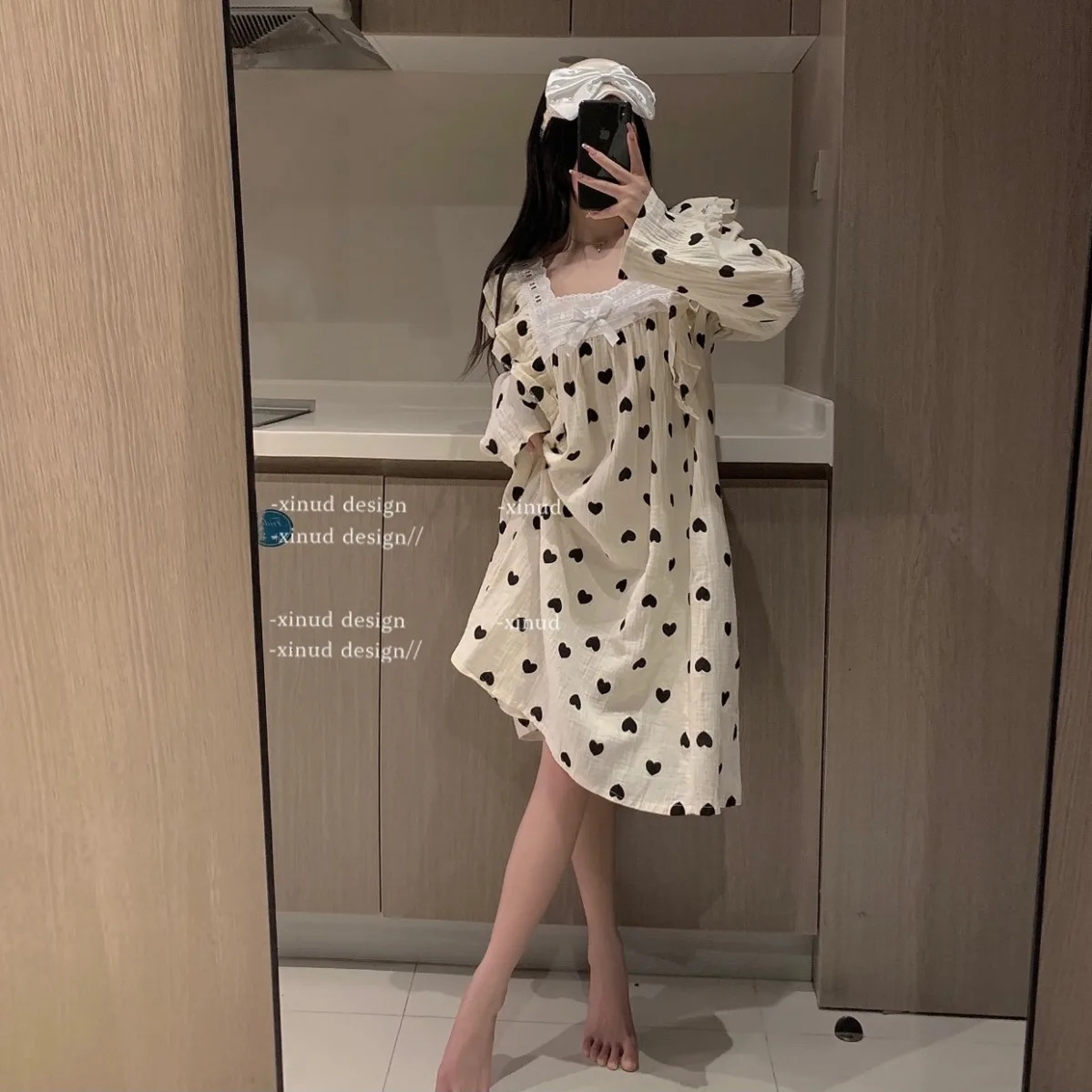 Heart Print Sleepwear Women Pajama Sets Square Collar Pants Sets 2 Pieces Piiama Korean Sleeping Full Sleeve Sping Night Wears 240514