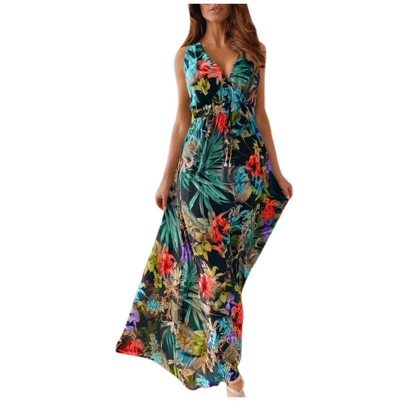 Basic Casual Dresses Womens Summer Casual Print Bandage Elastic Waist V-Neck Slveless Pullover Dress Y240515