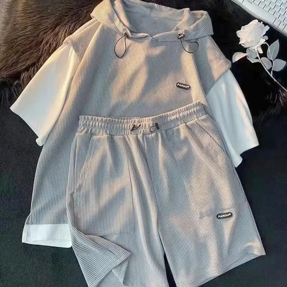 Loose Breathable Tshirt Shorts Set Twopiece Fit Outfit Mens Casual Sport with Hooded Drawstring for Active 240518