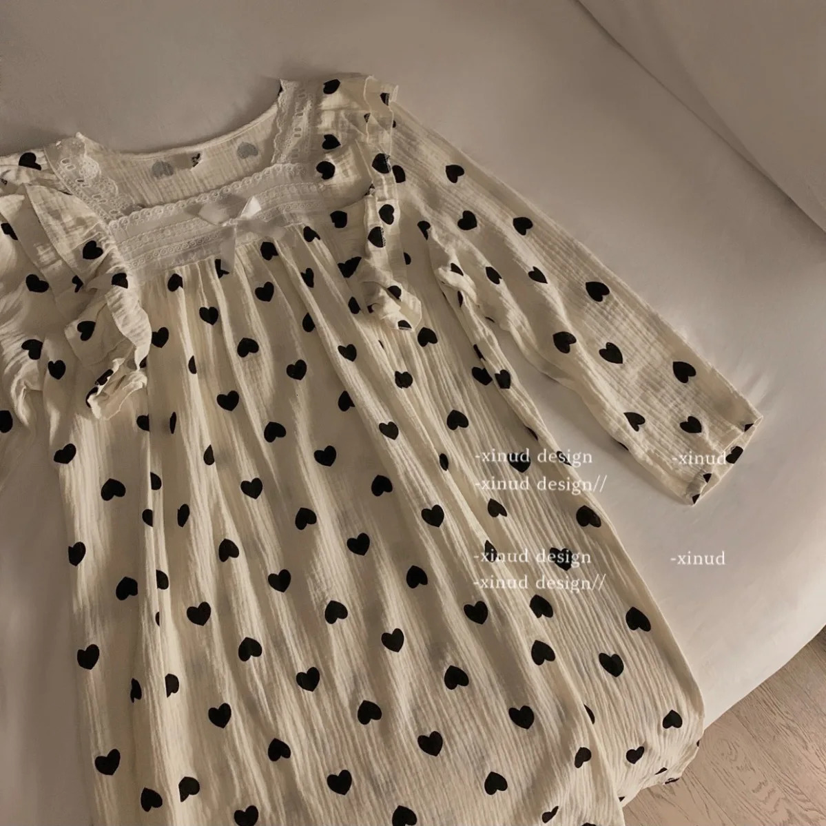 Heart Print Sleepwear Women Pajama Sets Square Collar Pants Sets 2 Pieces Piiama Korean Sleeping Full Sleeve Sping Night Wears 240514