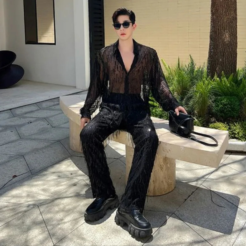IEFB Personality Menwear Mens Casual Sets Sequins Tassels Twopiece Trendy Long Sleeve Shirt Straight Pants 2023 Autumn 9C256 240513