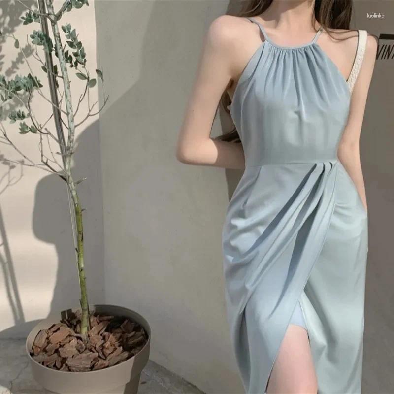 Casual Dresses Vintage Elegant For Women Chiffon Halter Korean Club Evening Party Slim Strap Midi Dress Vestido De Mujer Robe Femme