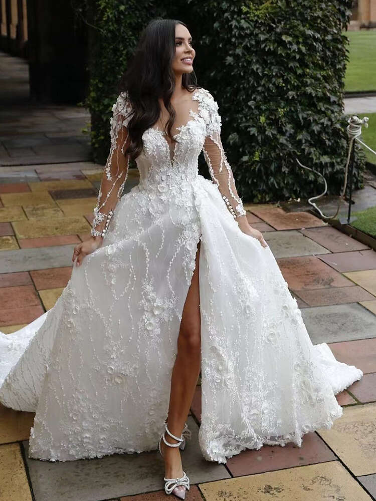 Custom Shining Brautkleid Organza With 30D Chiffon Princs Ball Gown O-Neck Full Sleeve Elegant Bride Drs Rob De Mariee 0518