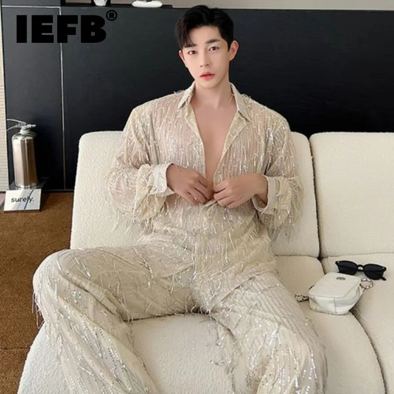 IEFB Personality Menwear Mens Casual Sets Sequins Tassels Twopiece Trendy Long Sleeve Shirt Straight Pants 2023 Autumn 9C256 240513
