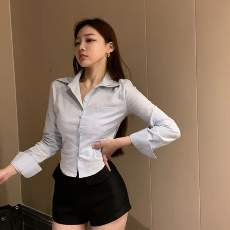 Autumn Slim Wait Single Breaked Blouses Simple Sexy Polo Neckline White Shirt Womens Y2k E-Girl Long sleeved Blusas Mujer 240517