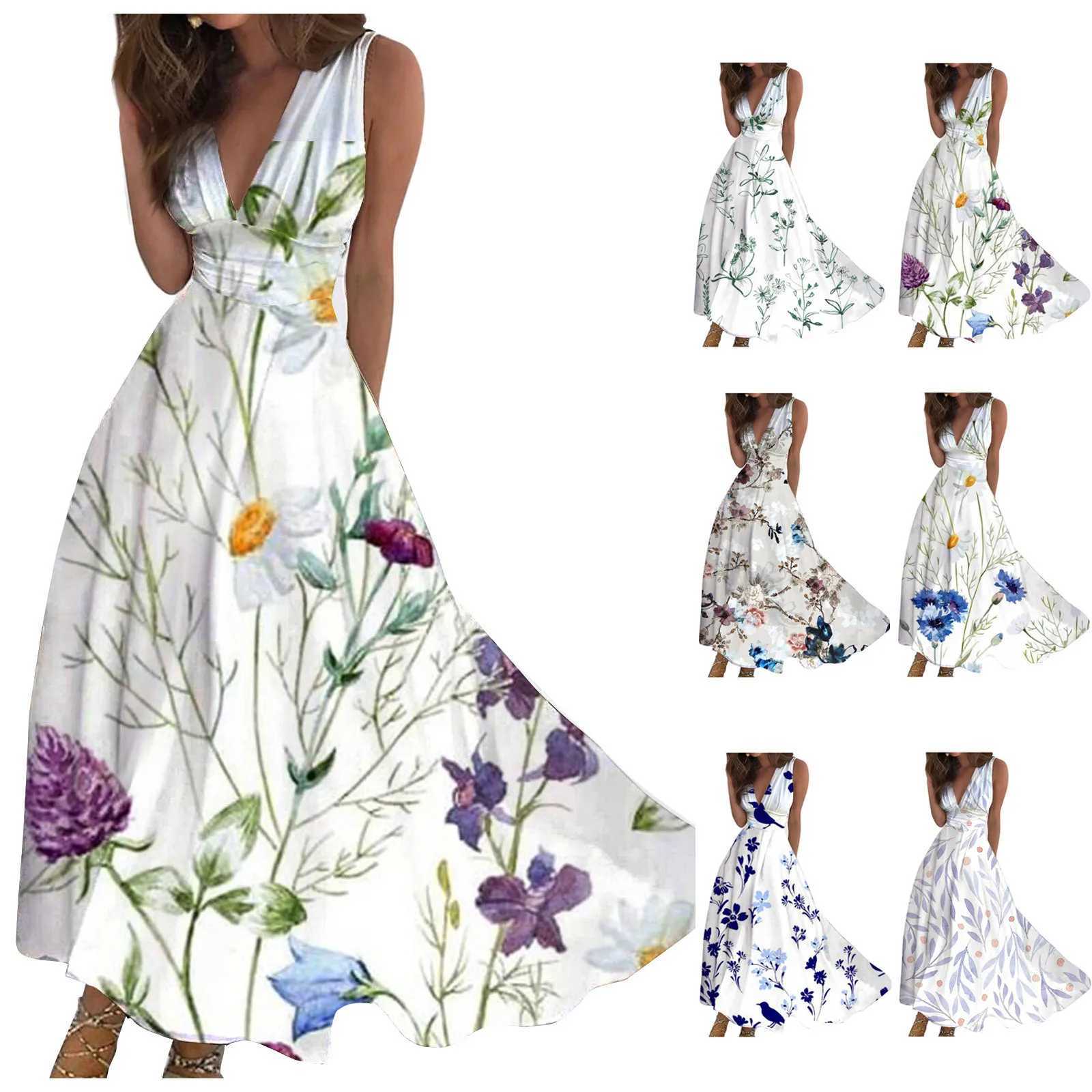 Basic Casual Dresses Womens Long Dress Maxi Dress Casual Dress Swing Dress A Line Dress Fashion Outdoor Daily Date Print Slveless V Neck Dress Y240515