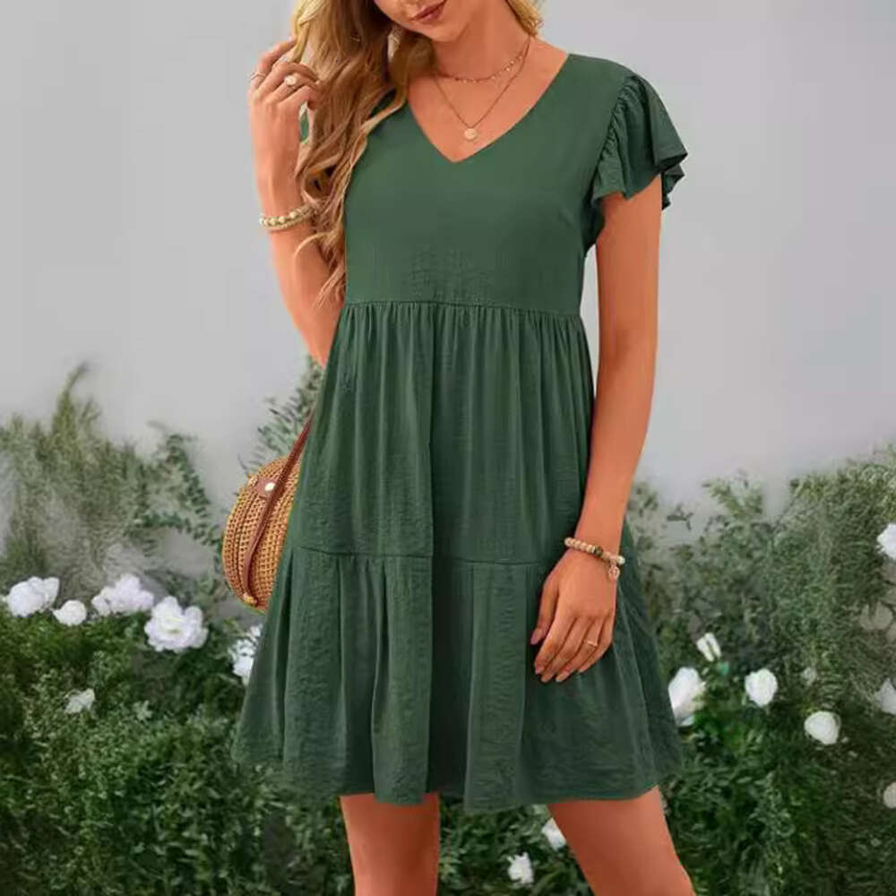 Summer Casual Short Dress Hat Sleeves V-Neck Layered Ruffle Swinging Dress