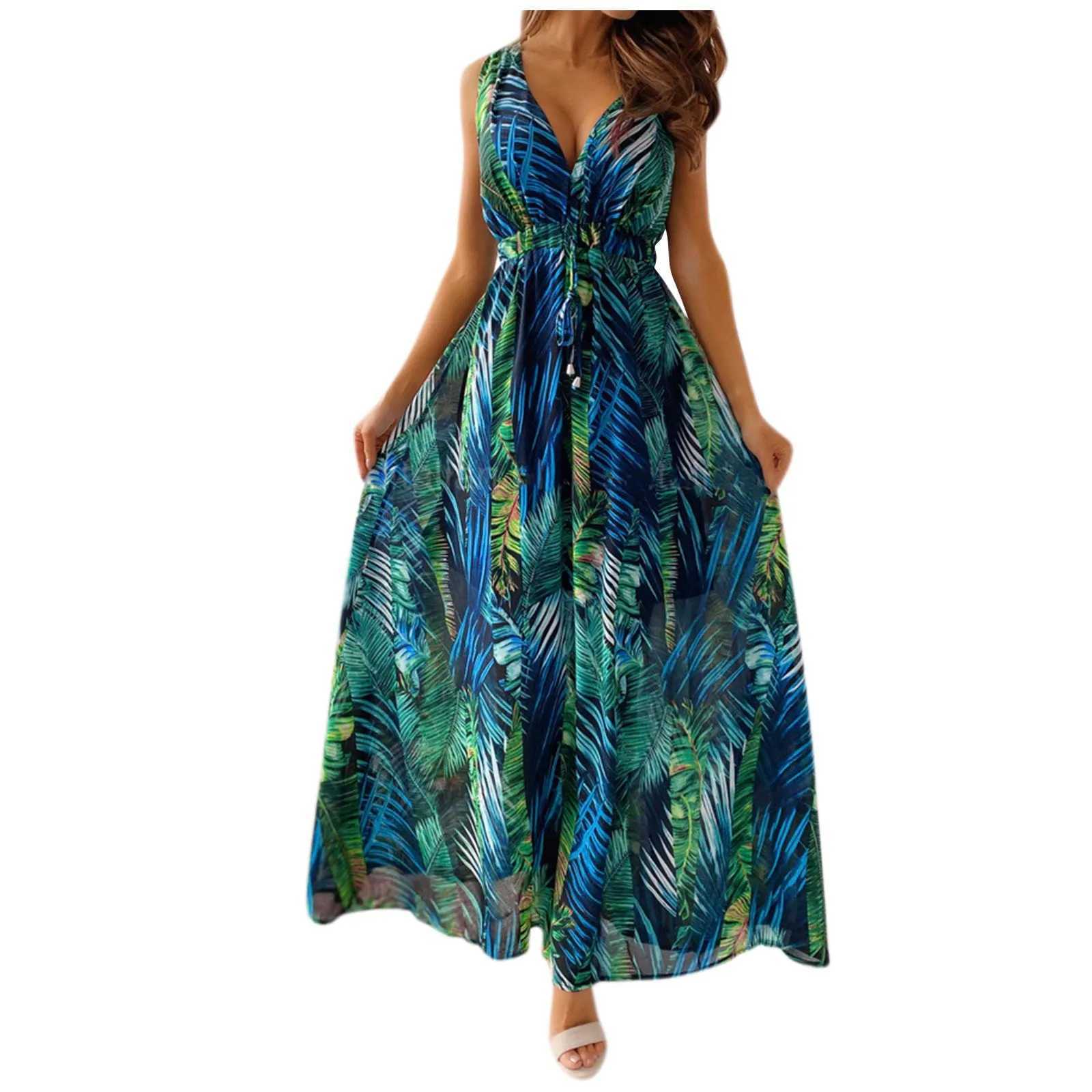 Basic Casual Dresses Womens Summer Casual Print Bandage Elastic Waist V-Neck Slveless Pullover Dress Y240515