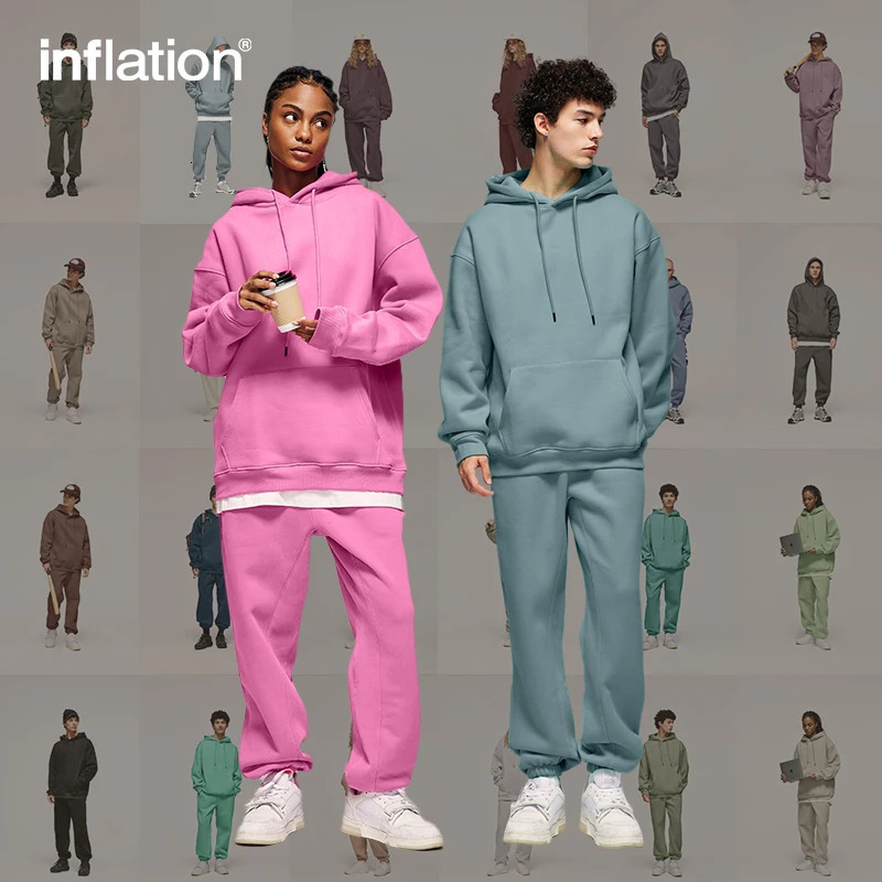 INFLATION 350gsm Thick Vlevet Tracksuit Unisex Trendy Solid Color Jogging Suit Mens Blank Matching Fleece Sweatpant Set 240506